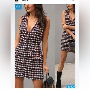 Zara Multicolor Tweed V-Neck Mini Dress